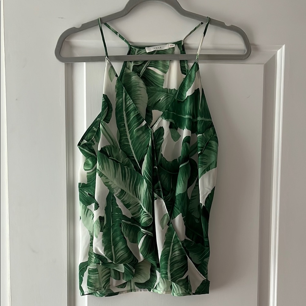 Lush Green and White Sleeveless Camisole with Tropical Print